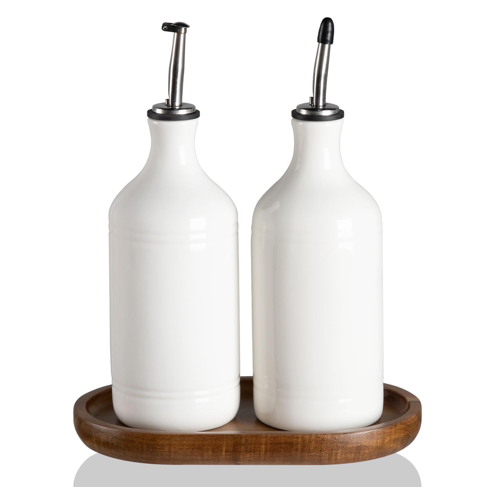 Sweejar Home Ceramic Olive Oil Dispenser Bottles with Tray, 460ML Oil Dispenser Set for Kitchen Counter, Opaque Oil Cruet for Storage Soy Sauce, Vinegar, Liquids, Pack of 2 (WhiteWhite)