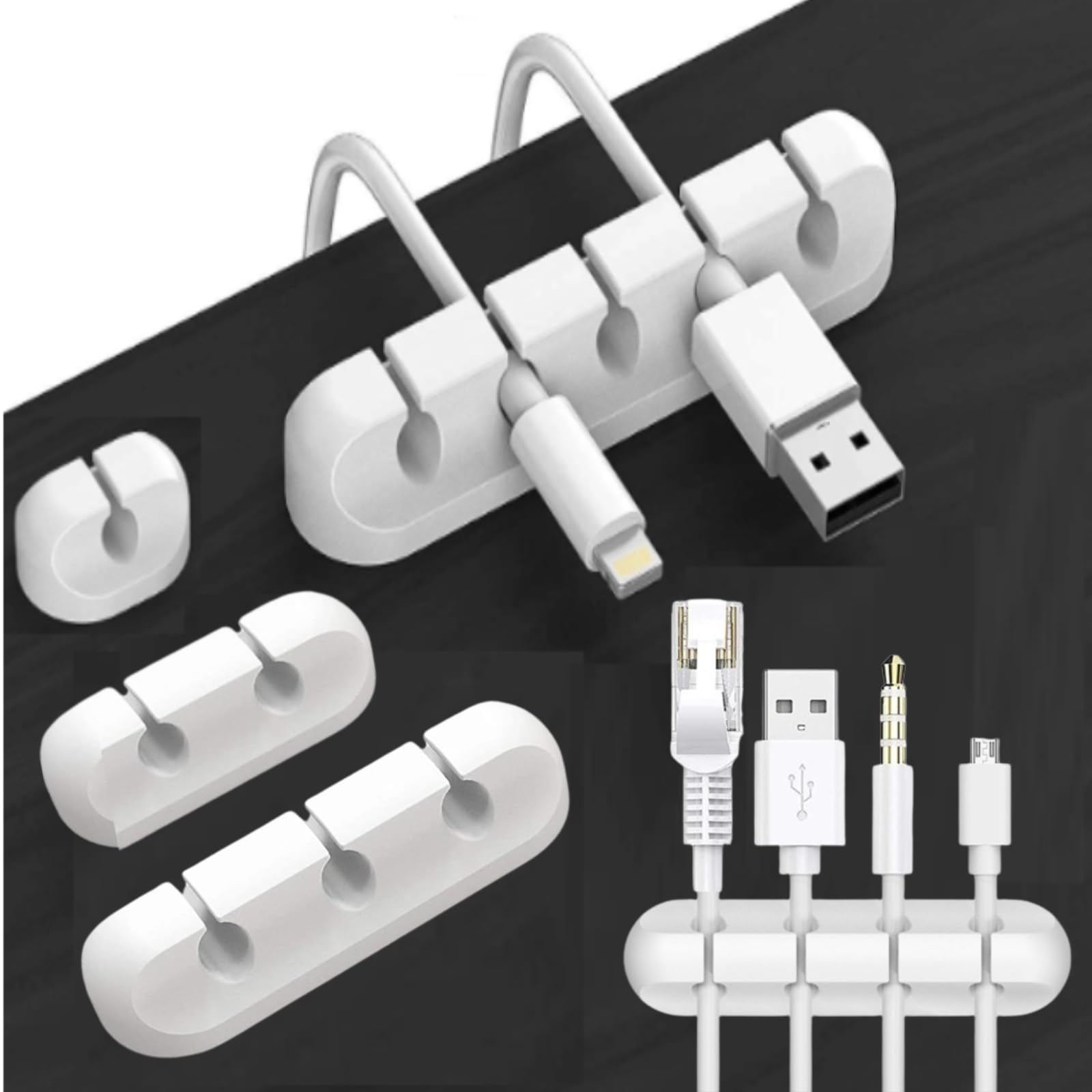 5u Organizador de Cables Escritorio. Clips de Soporte de Cable Autoadhesivo. Sujeta cables Duradero de silicona Blanca. Solución para la Gestión de Cables en tu Escritorio, Hogar, Oficina