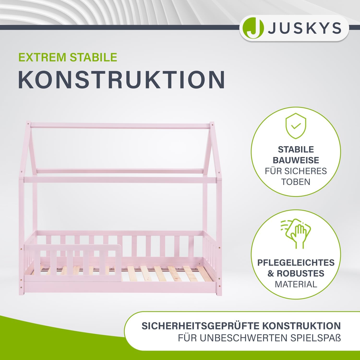 Icons representing stable construction and easy-care material for the Juskys Marli bed