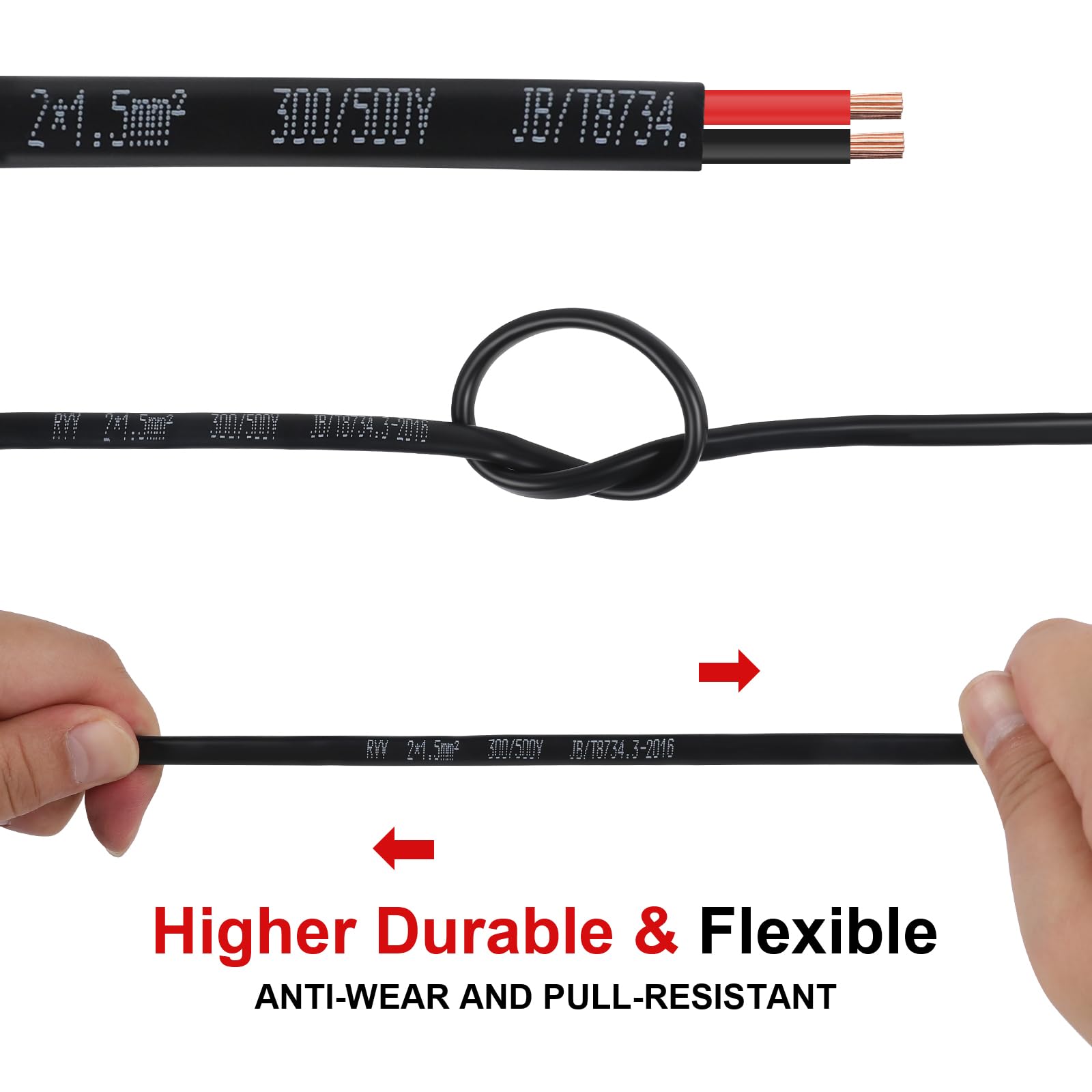 AOHEWEI 2×1.5mm² Câble Plat Double 2 Conducteurs en Cuivre pour Applications Électriques 5V 12V 24V 60V, Câble Automobile Et Bateau Mince Rouge/Noir 5/10/20/50 Mètres