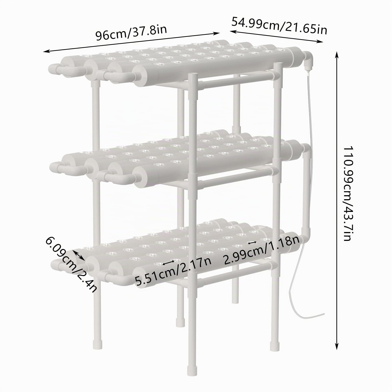 Sistema de cultivo hidropónico, sistema de jardinería hidropónico con 108 espacios para plantas, 3 capas, kit de cultivo hidropónico, para hierbas, frutas y verduras, tubos de PVC de grado
