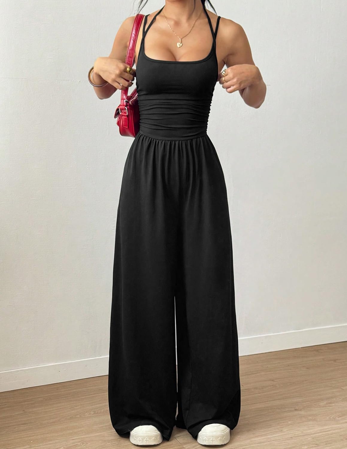 LIAMERHE Combinaison Femme Été Élégante Dos Nu Col Licou Sexy Pantalon Large Fluide Taille Haute Chic Sans Manches Jumpsuit pour Mariage Plage Décontracté Mode Barboteuse