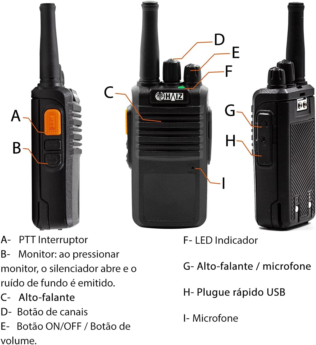 A diagram illustrating the different parts of the Haiz HZ-M77 walkie-talkie. Key components labeled include: A-PTT Switch, B-Monitor Button, C-Speaker, D-Channel Knob, E-ON/OFF & Volume Knob, F-LED Indicator, G-Speaker/Microphone Jack, H-USB Charging Port, I-Microphone.