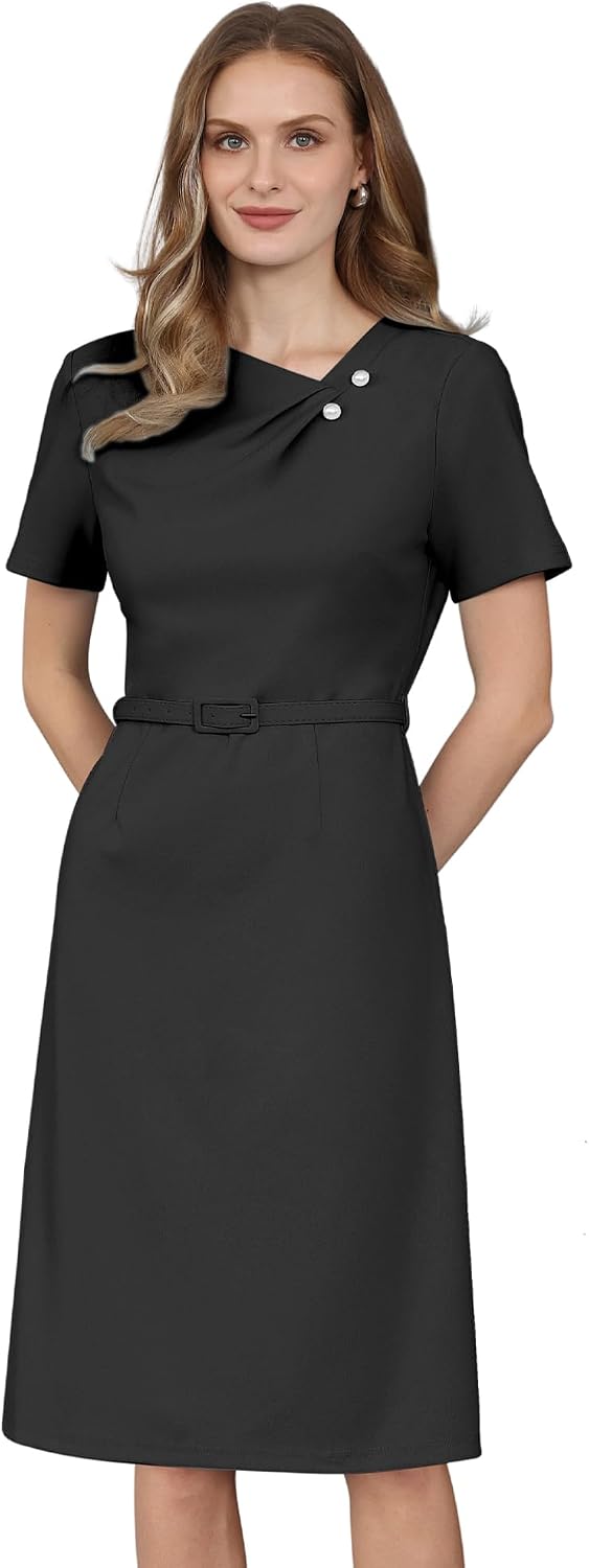Hobemty Women's A Line Dress Short Sleeve Asymmetrical Neck Elegant Business Work Dresses with Belted