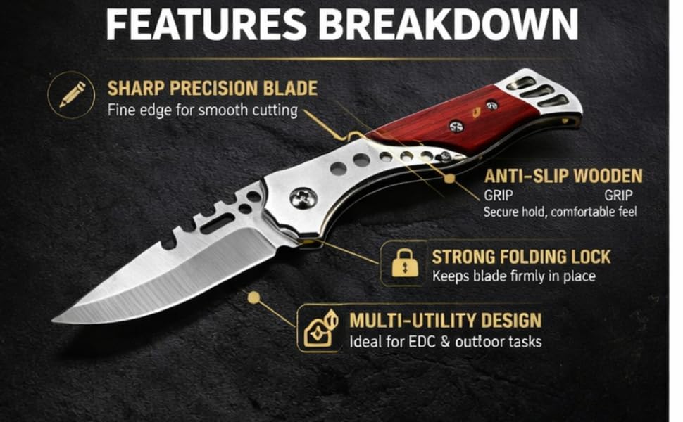 Image of Folding Utility Knife with Stainless Steel Blade & Wooden Handle, Compact Manual Pocket Tool for Carton Opening, Packaging, DIY, Household, Kitchen & Office Tasks