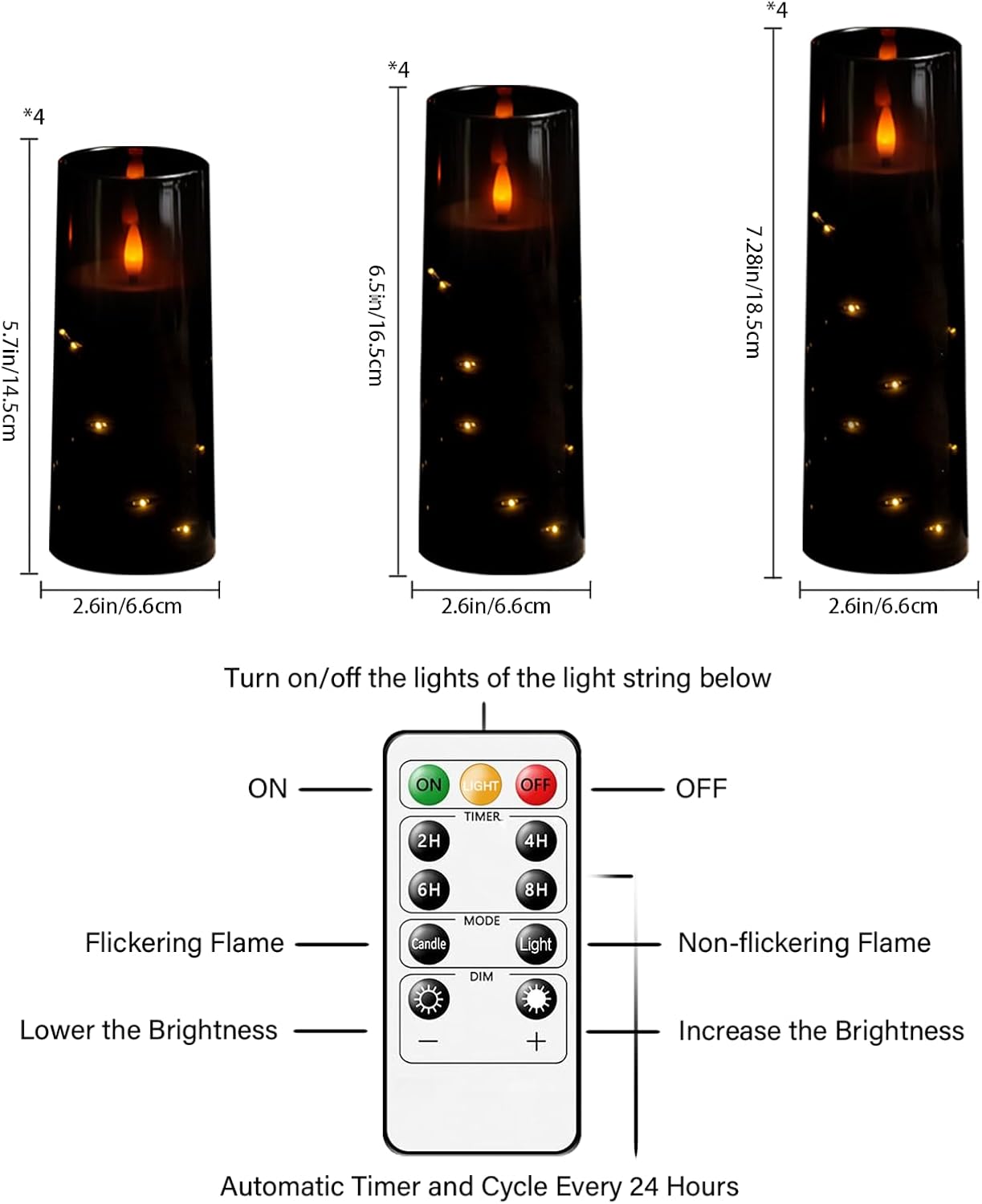 Sasigeiaa Flameless Candles with Embedded Star String - Battery Operated LED Candles, with Remote,12 Black Flickering Candles for Christmas, Weddings, Home Decor & Party,(D 2.3"×H 5" 6" 7")