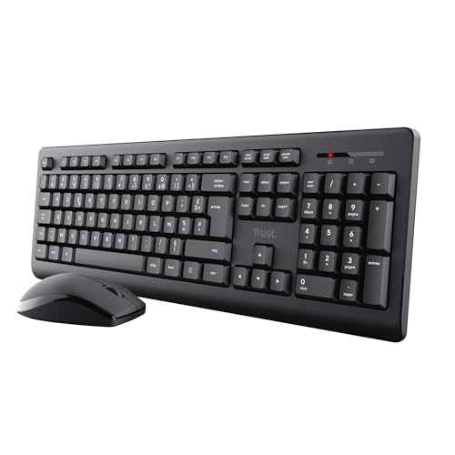 Trust Primo Pack Clavier et Souris sans Fil AZERTY Français, Touches Plates, Résistant aux Éclaboussures, Clavier avec Pavé Numérique, Récepteur USB Unique, Set...