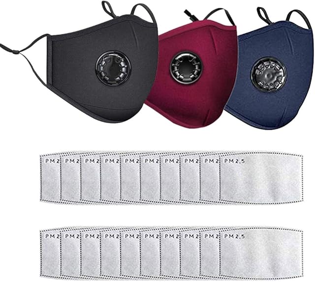 Updated Version3PCS Cotton Face Mask Washable and Reusable, Bandanas with Breathing valve With Activated 20 PCS Carbon Filter Replaceable Filters Adult -(BLACK, RED, BLUE)