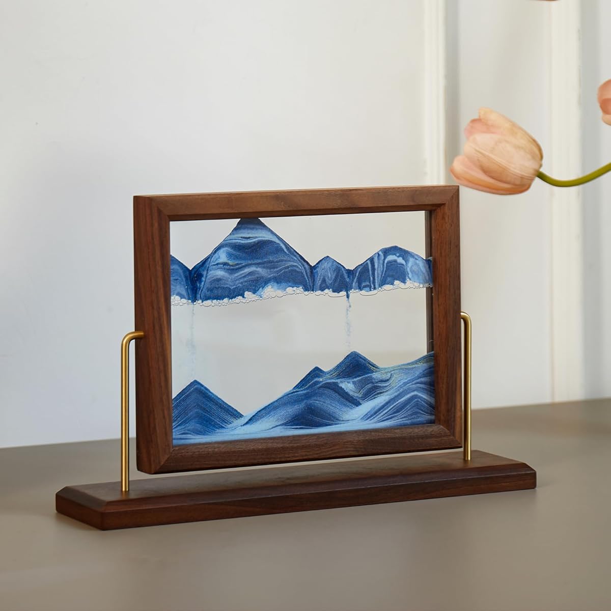 Solid Wood Oasis Mini Art Liquid Motion 360-Degree Rotation, Made of Black Walnut and H62 Brass, 3D Highly Transparent Office Decor (Ocean)