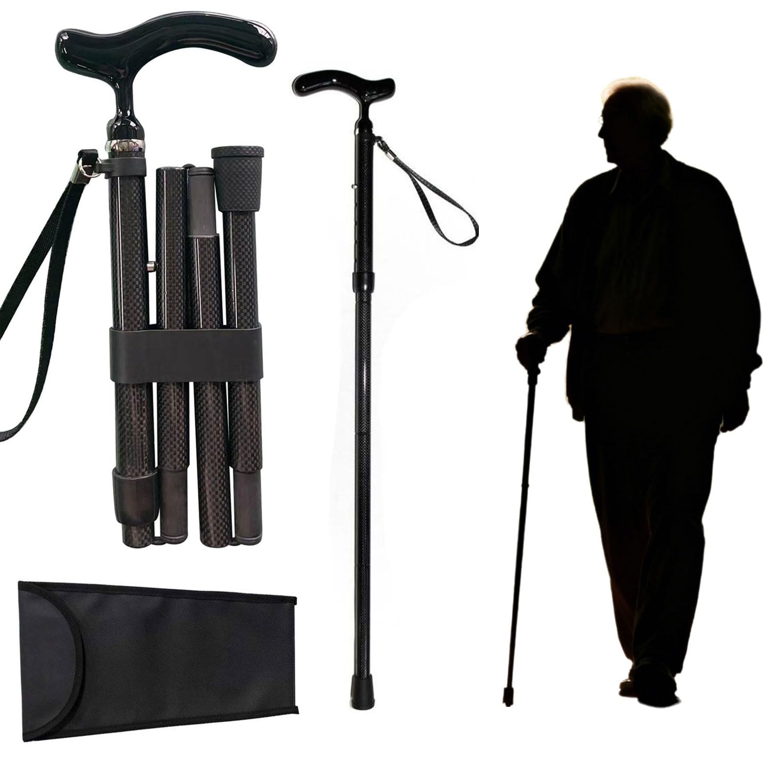 折りたたみ杖 超軽量260g カーボンファイバー製 5段階調整 伸縮杖 男性用 女性用 グリップで握りやすく携帯に便利 高齢者への贈り物に(A21)