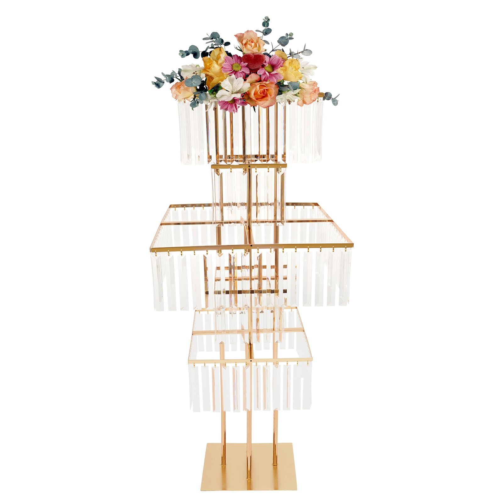 Ginelm 5 Tiers Wedding Centerpieces Vase, 49.2" Gold Acrylic Flower Vase with Hanging Crystals, Square Metal Pedestal Stand for Birthday Party Events Home Decor