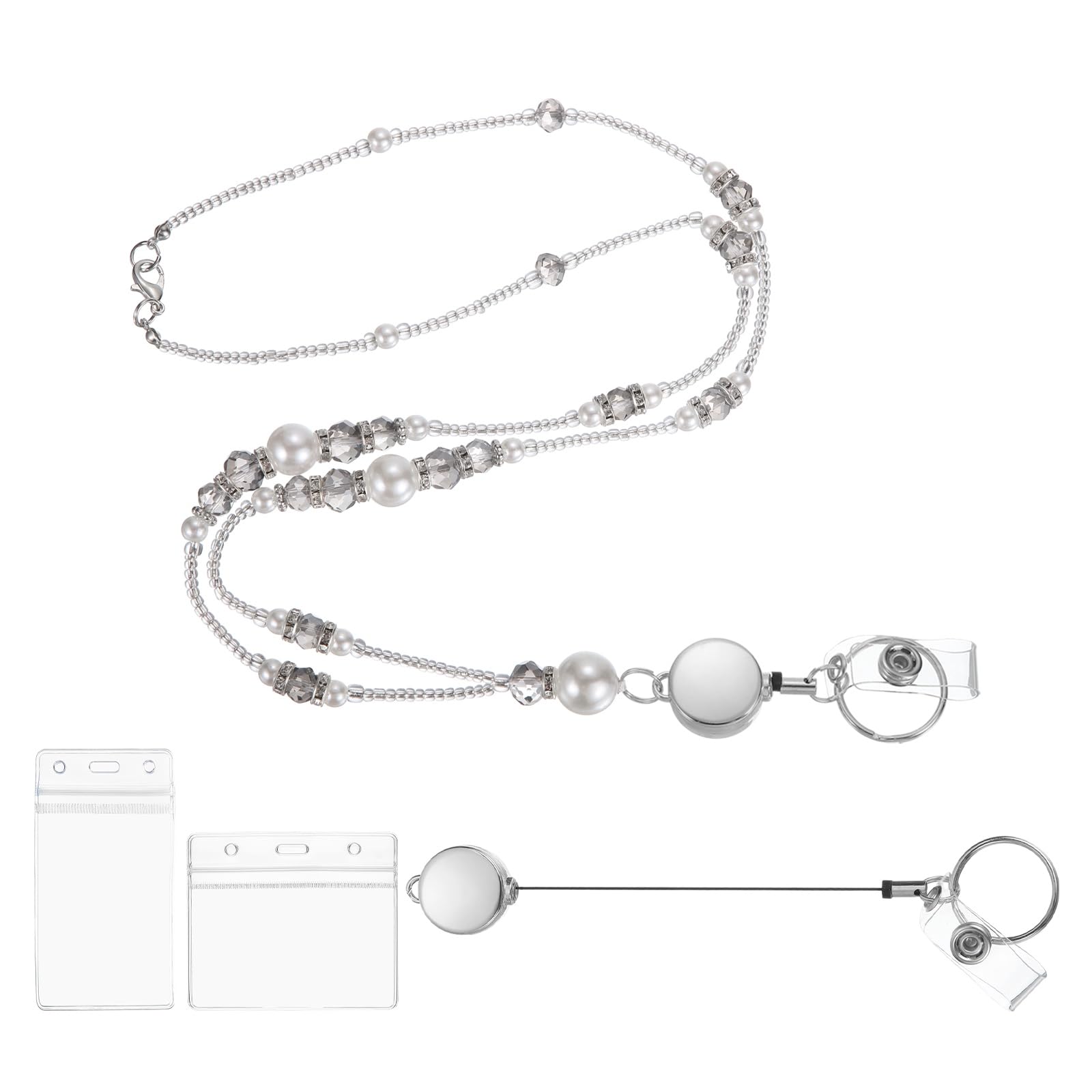 PATIKIL Beaded Lanyards for ID Badges, Cute Teacher Lanyard with Vertical & Horizontal ID Holders Retractable Breakaway Neck Strap for Women Teacher Gift Keys Chain Cards, Grey/White