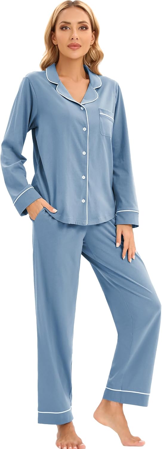 LUBOT 100% Cotton Pajamas for Women PJ Set Soft Button-Down 2 Piece Set Knitted Long Sleeve Sleepwear Loungewear XS-XXL