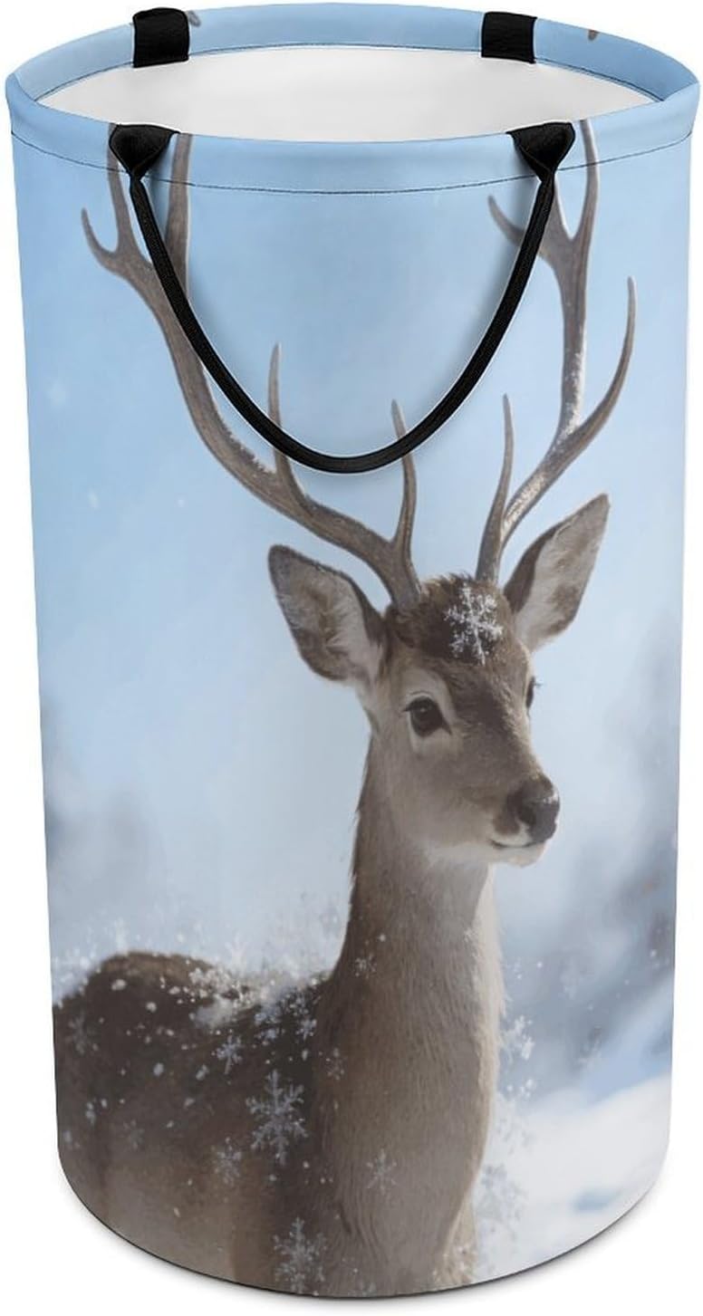Winter Reindeer Snowflake Laundry Hamper with Handles Waterproof Collapsible Laundry Basket Large Lightweight Round Dirty Clothes Hamper for Home Dorm Bathroom Decor