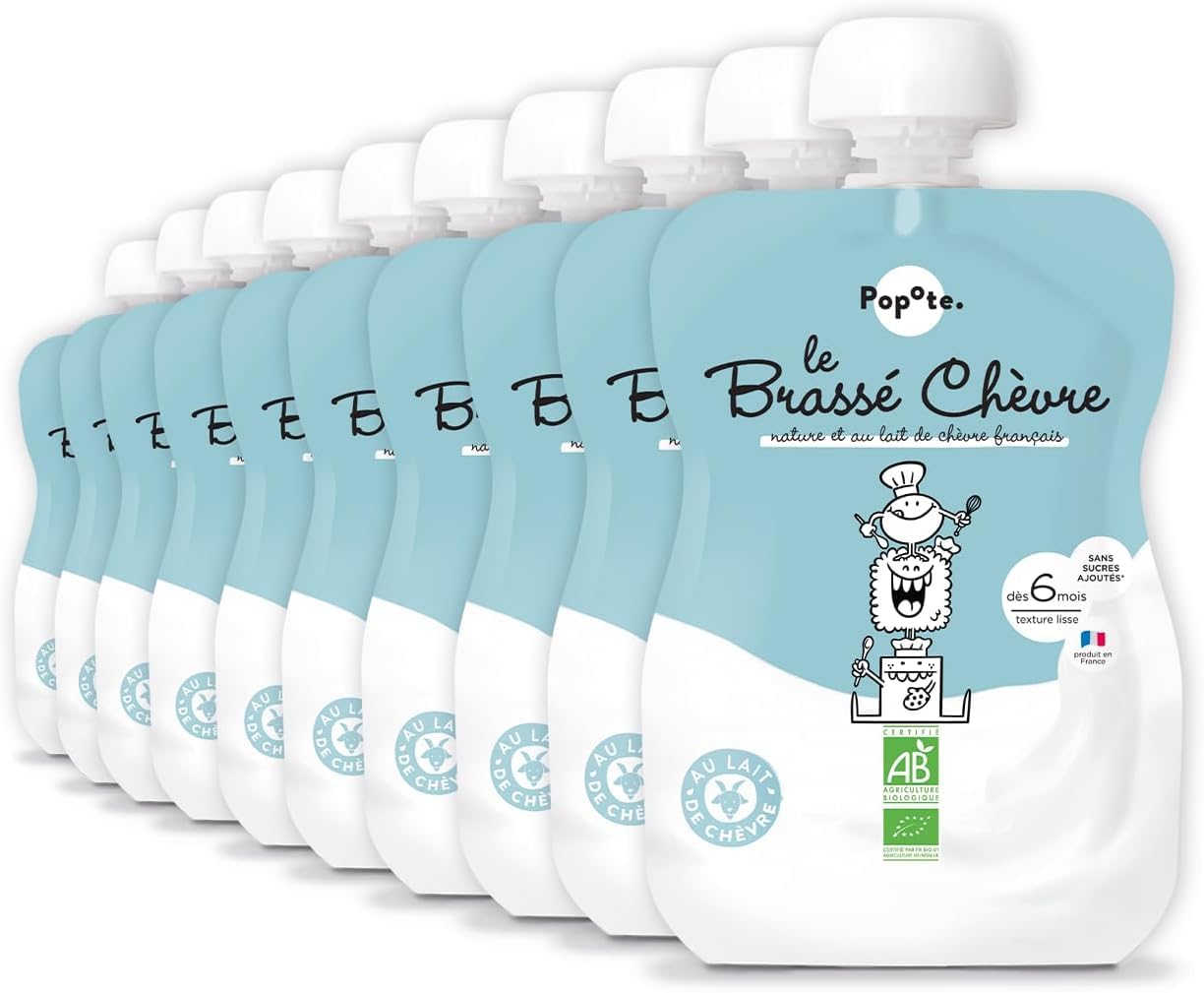 POPOTE - Brassé Chèvre Bio Bébé 100 g - Dès 6 Mois - Gourde Individuelle - Yaourt à Boire Texture Onctueuse - Source En Calcium, Sans Sucre ajoutés - Format Pratique à Emporter - Pack Familial 10x100g
