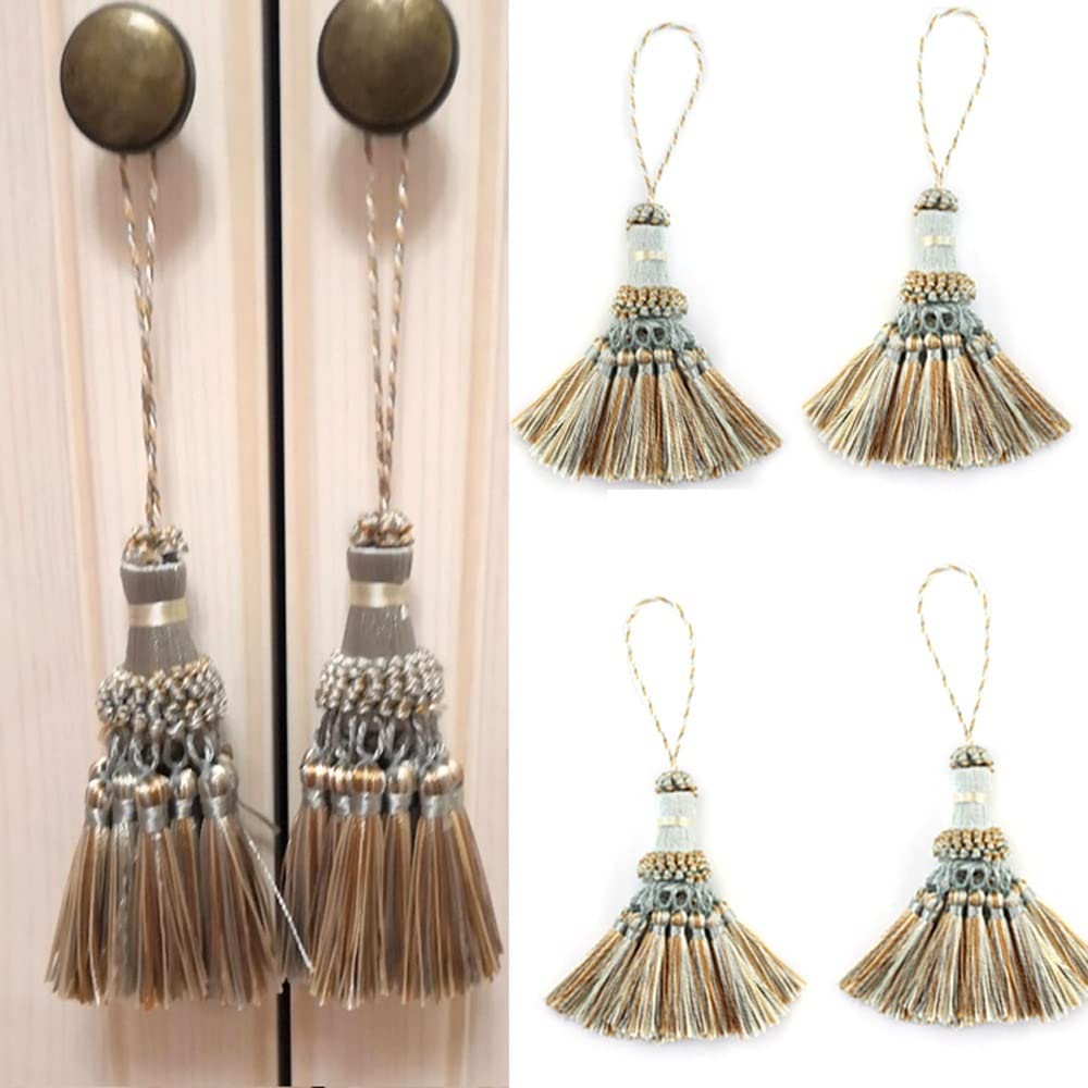 Lot de 4 pompons à suspendre pour rideaux - Frange en fil de soie - Décoration artisanale - Porte-clés (doré)