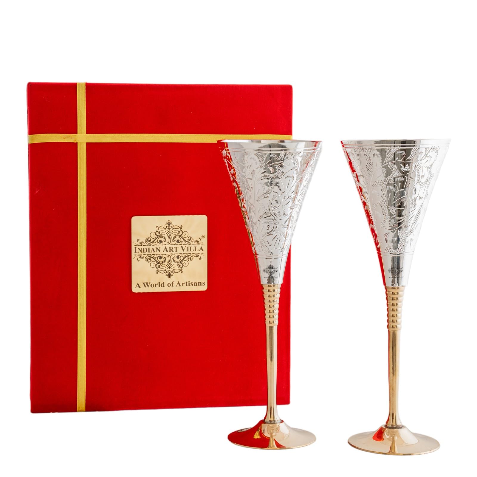INDIAN ART VILLA Siver Plated Engraved Goblet Flute Wine Glass with Red Box, Best for Parties, 100 ML Each, Set of 2