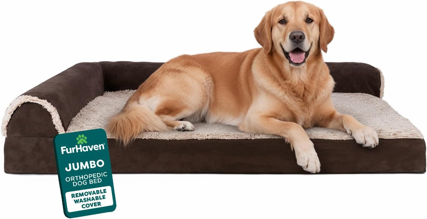 Furhaven Orthopedic Dog Bed for Large Dogs w/ Removable Bolsters & Washable Cover, For Dogs Up to 95 lbs - Two-Tone Plush Faux Fur & Suede L Shaped Chaise - Espresso, Jumbo/XL Jumbo Espresso