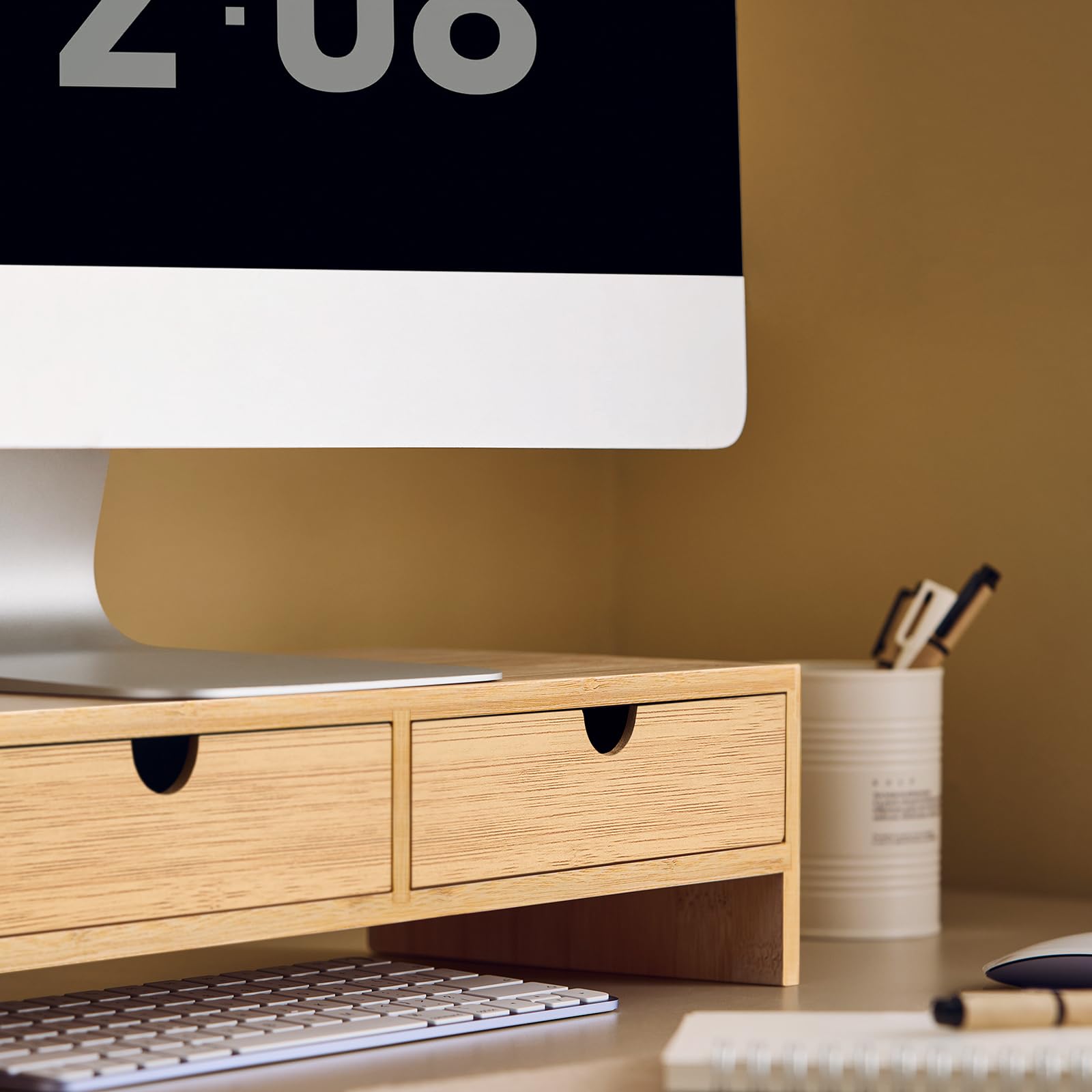 SoBuy Supporto Monitor in Bambù Portata fino a 15kg 47x11x18cm Ufficio | rialzo ergonomico con 2 cassetti, ecologico e durevole FRG198-N