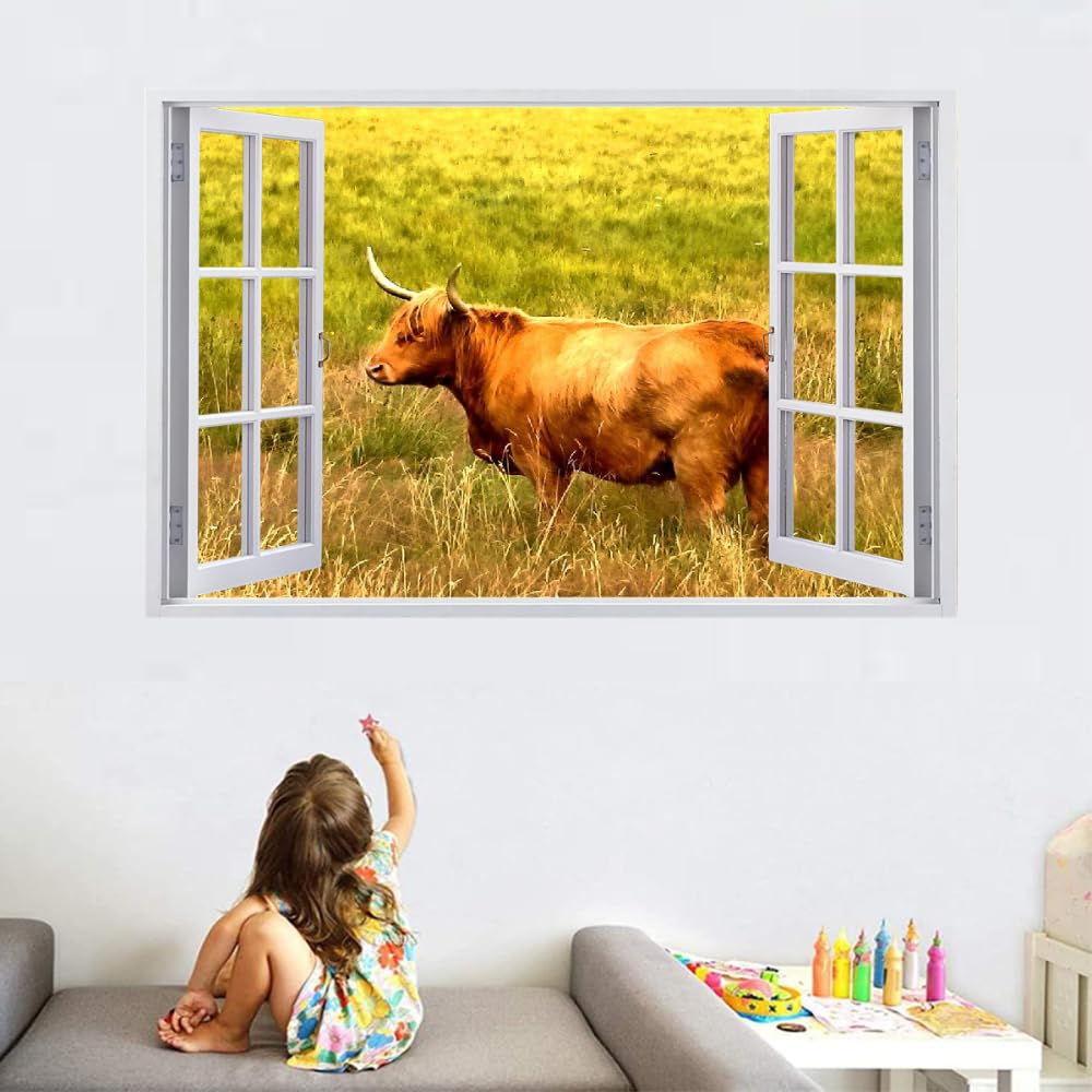 3D Wandtattoos Durchbruch Wandbild Ochse Selbstklebend Kinderzimmer Aufkleber Wandaufkleber Graslandtiere Abnehmbare Wandsticker für Kinderzimmer Wohnzimmer Schlafzimmer Deko