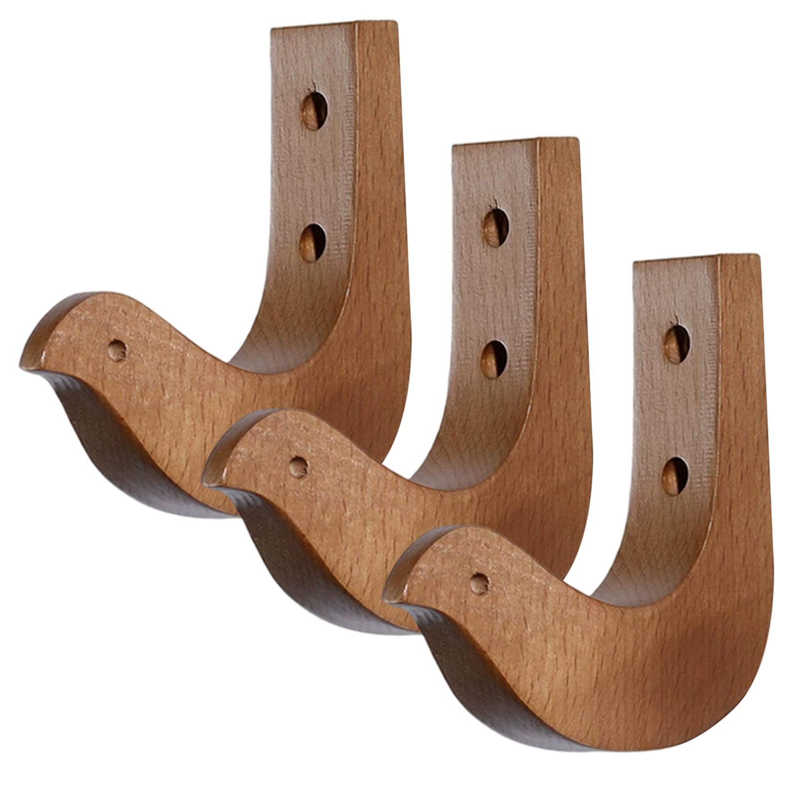 Monwssoe Coat Hooks, Wooden Wall Hooks, 3-Pack Snug Fit Wall Mounted for Guzheng or Coat, Natural Brown Towel Hook for Home Entryway Bathroom