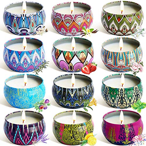 YIH Gift Package Scented Candles Lemon, Fig, Lavender, Spring Fresh,Rose ，Jasmine，Vanilla，Bergamot，Strawberry, Peppermint, Rosemary, Gardenia Natural Soy Wax Portable Travel Tin Candle,Set of 12