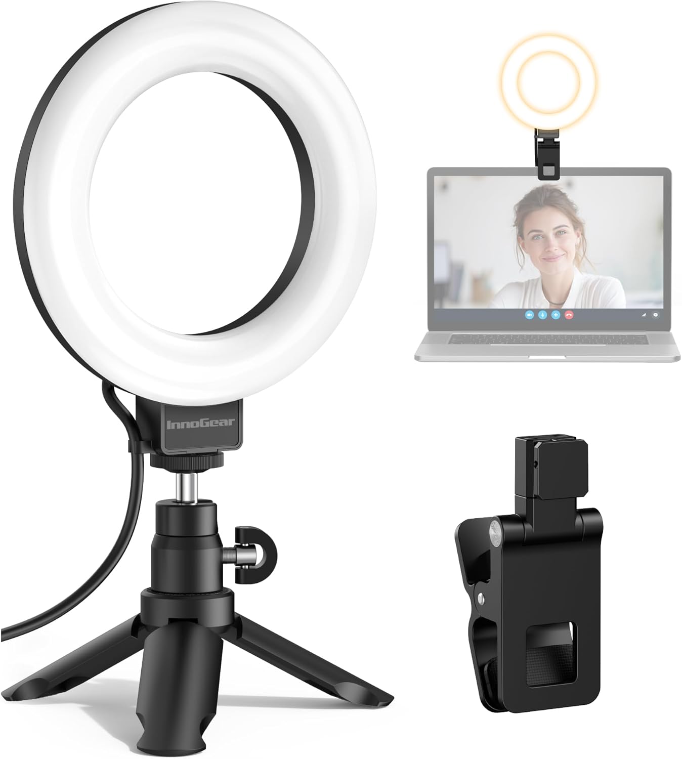 InnoGear 5″ 60 LED Selfie Ring Light for Video Conference Lighting, On-Camera Video Lights Desktop Clip on Webcam Light Kit with Desk Tripod for Monitor Laptop Computer Zoom Call Live Streaming