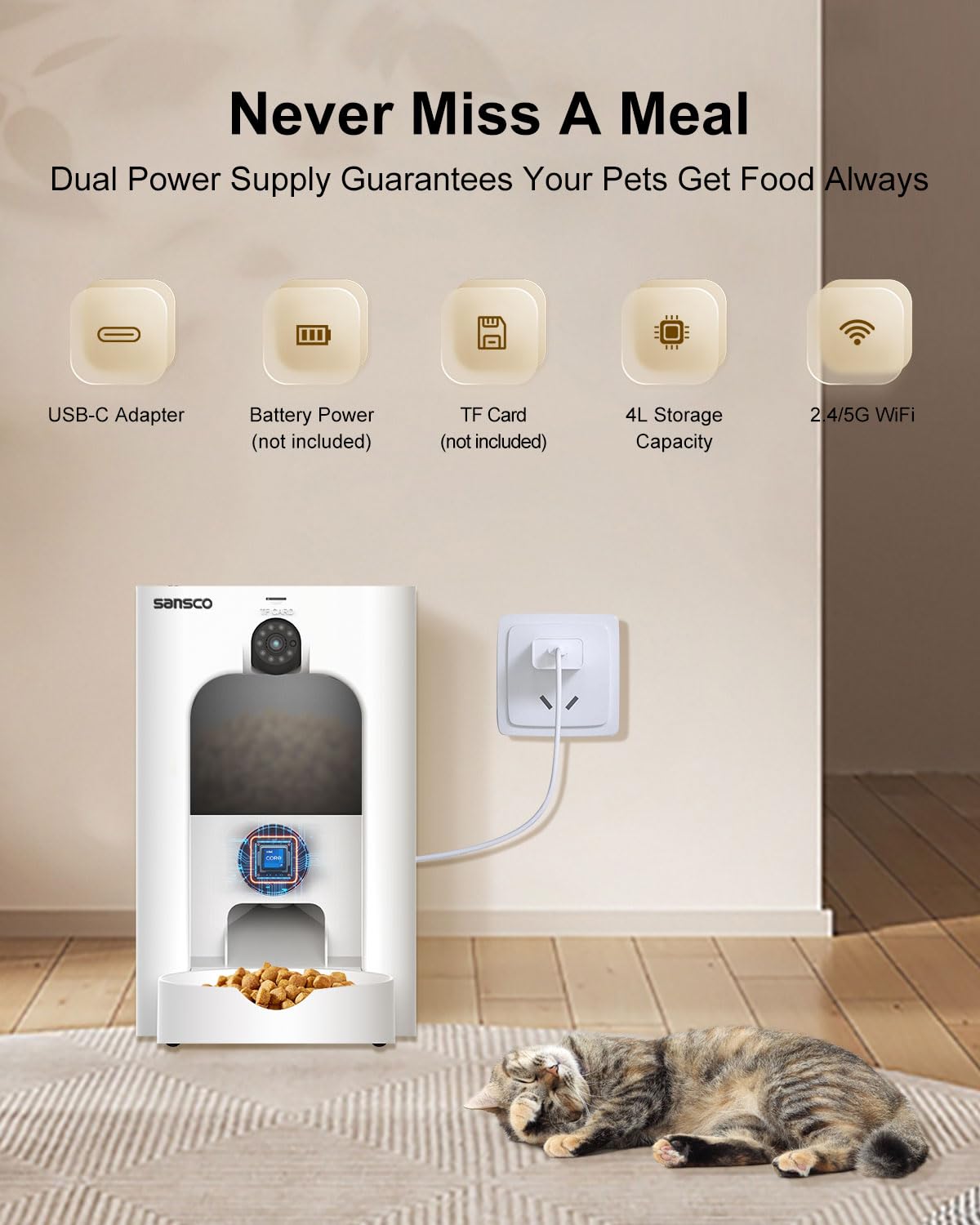 SANSCO Automatic Cat Feeder with Camera: Automatic Dog Feeder, 2K 3MP Video Recording Timed 2.4 & 5GHz WiFi App Control Pet Feeder Dispenser for Cat Dog, Rotates Up and Down, 4L - image 7