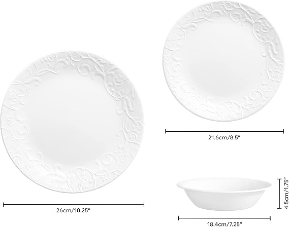 Corelle Dinnerware Set (12pc Set, Bella Faenza)-Dinner Set for 4, Includes 4 x: Plates, Side Plates & Bowls, 3 X More Durable, Half The Space & Weight of Ceramic, up to 80% Recycled Glass (1146912)