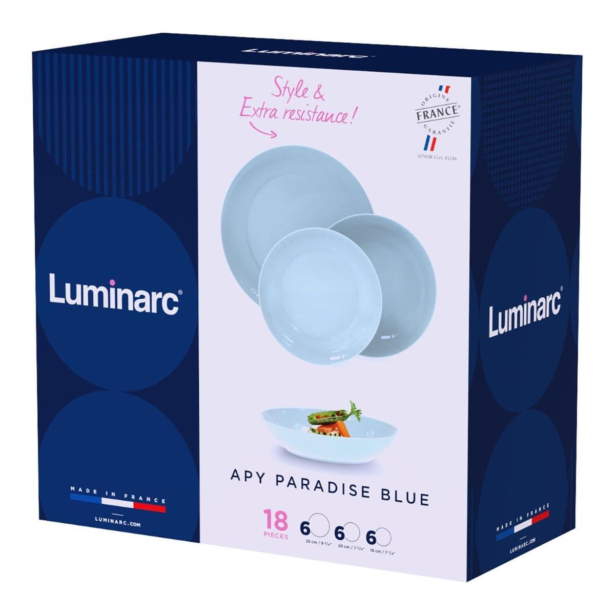 Luminarc Apy Paradise Vaisselle Opale 18 pièces 6 personnes Opale Passe au micro-ondes Passe au réfrigérateur empilable Bleu
