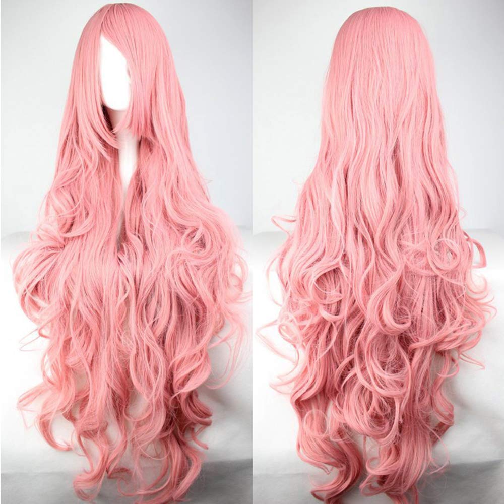 40 Inches 100cm Long Curly Wigs For Women Heat Resistant Synthetic Big Wavy Wig With Bangs Pink Cosplay Halloween Costume Wig - Image 4