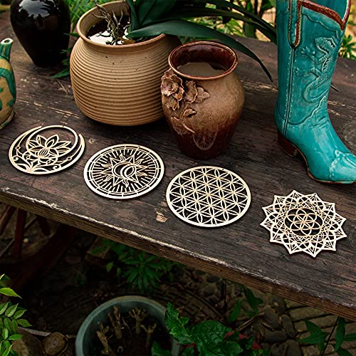 5.31" Sacred Geometry Wall Art 4Pcs Set, (Sacred Lotus, Flower Of Life, Mandala Wall Art, Union Sun Moon) Crystal Grid Chakra Wooden Wall Art Decor Spiritual Gifts #TOP2
