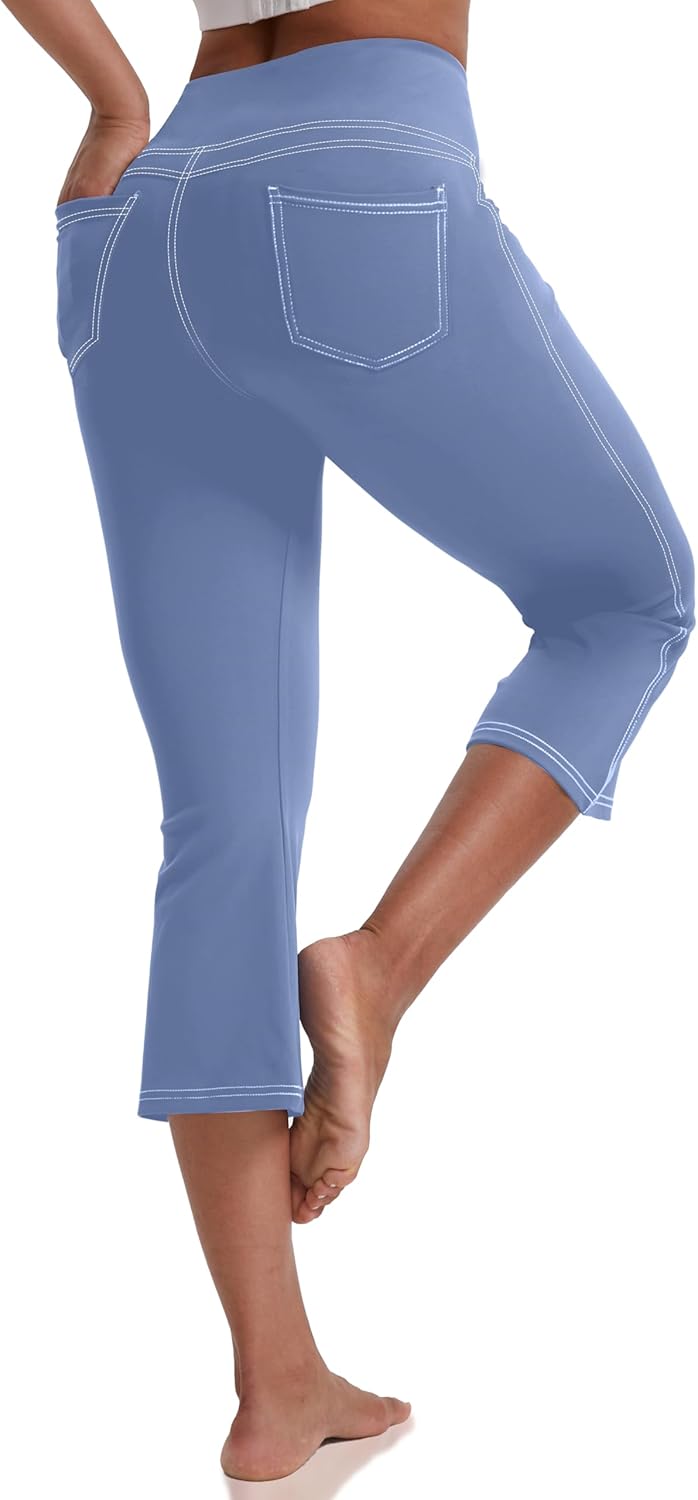 VOOVEEYA Women's Capri Leggings, Yoga Capris Pants with Pockets Stretchy Crop Pants High Waisted Straight Leg 21"
