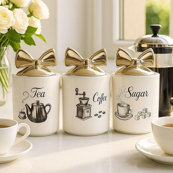 BML White Elegant Ceramic Tea Coffee Sugar Storage Canisters Set with Silver Bow Lids Airtight Kitchen Counter Containers for Tea Coffee Sugar Food Storage