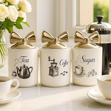 BML White Elegant Ceramic Tea Coffee Sugar Storage Canisters Set with Silver Bow Lids Airtight Kitchen Counter Containers for Tea Coffee Sugar Food Storage