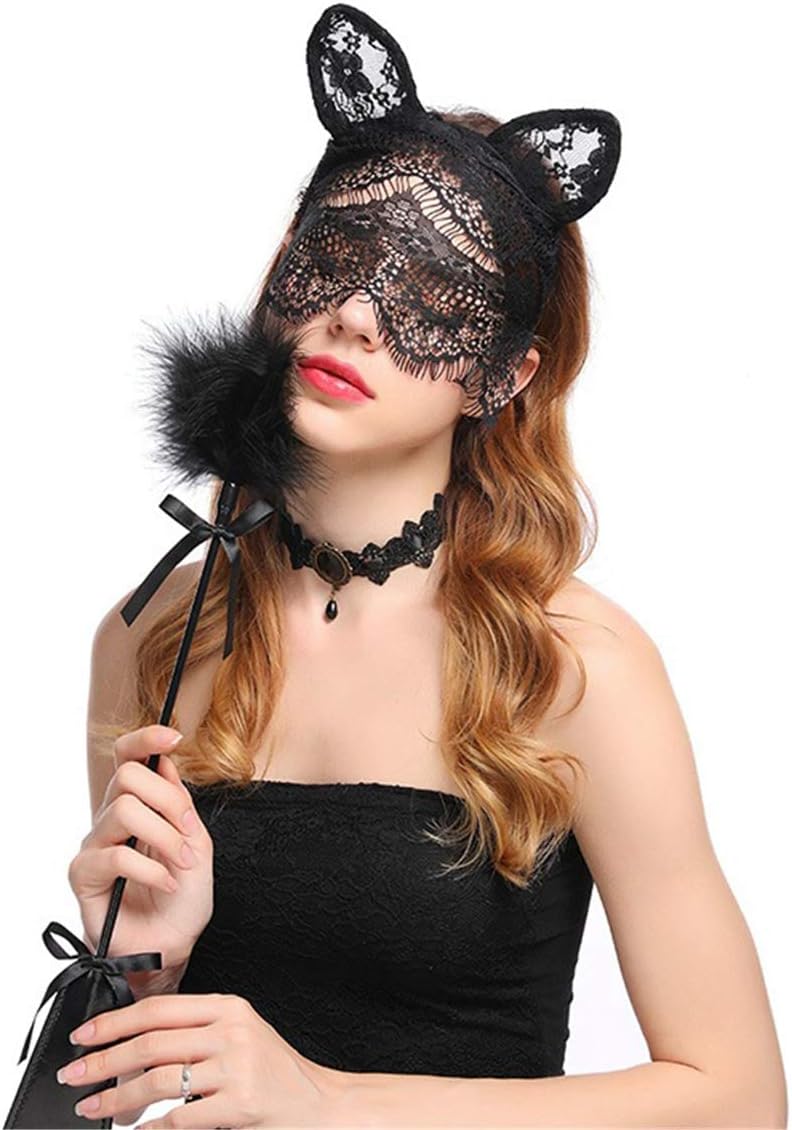 Halloween Lace Veil Headdress Half Face Banquet Party Costume COS Play Halloween Party Mask for Women (Cat Ear Mask), Black