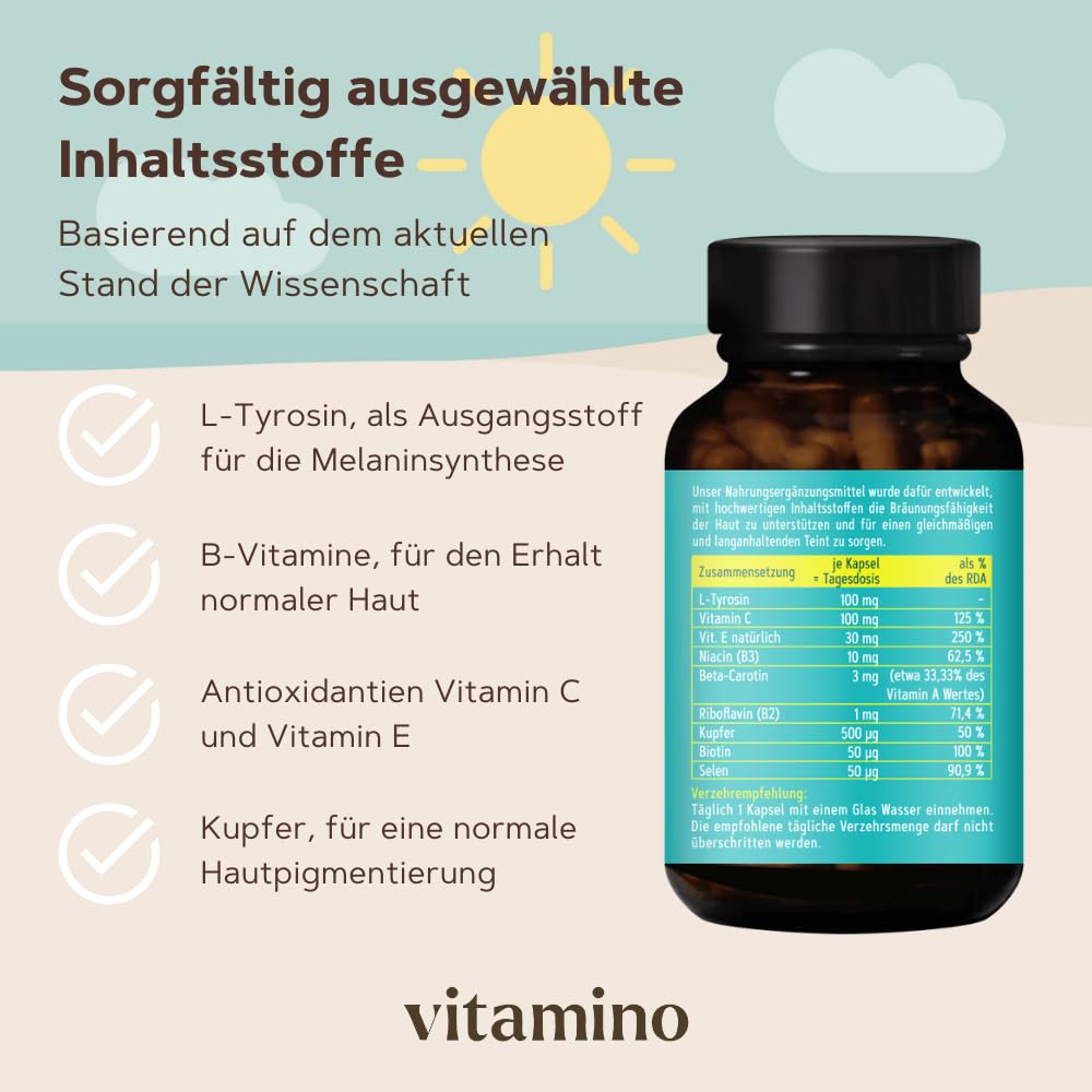 Vitamino Tanline - Beta-Carotin-Kapseln mit L-Tyrosin, Vitaminen, Biotin, Selen, Bräunungskapseln, vegan, glutenfrei, laktosefrei - 60 Kapseln