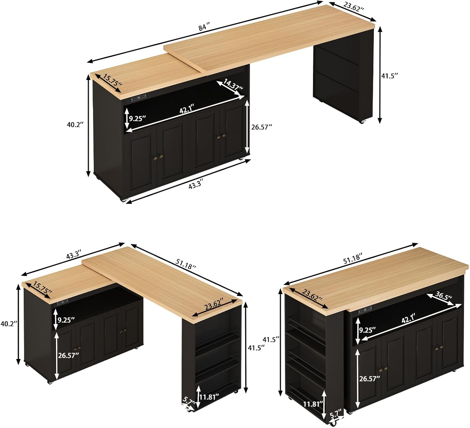 84’’ Rolling Kitchen Island with Swivel Table, Islands Cart with LED Lights, Power Outlet, Movable Storage Cabinet with Side Tabletop on Wheels, for Living Room, Home Bar, Black