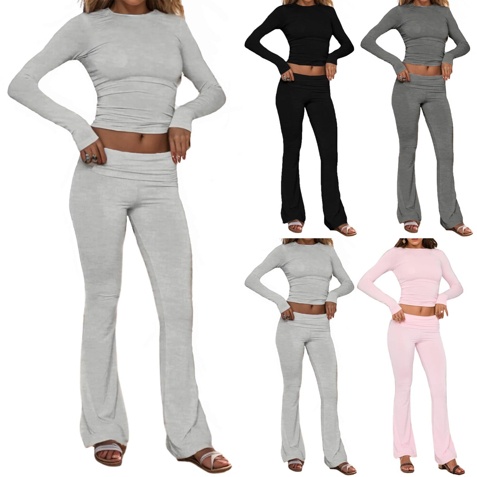 Women Workout Sets 2 Piece Long Sleeve Seamless Yoga Outfits Skinny Crop Top Low Rise Wide Leg Flare