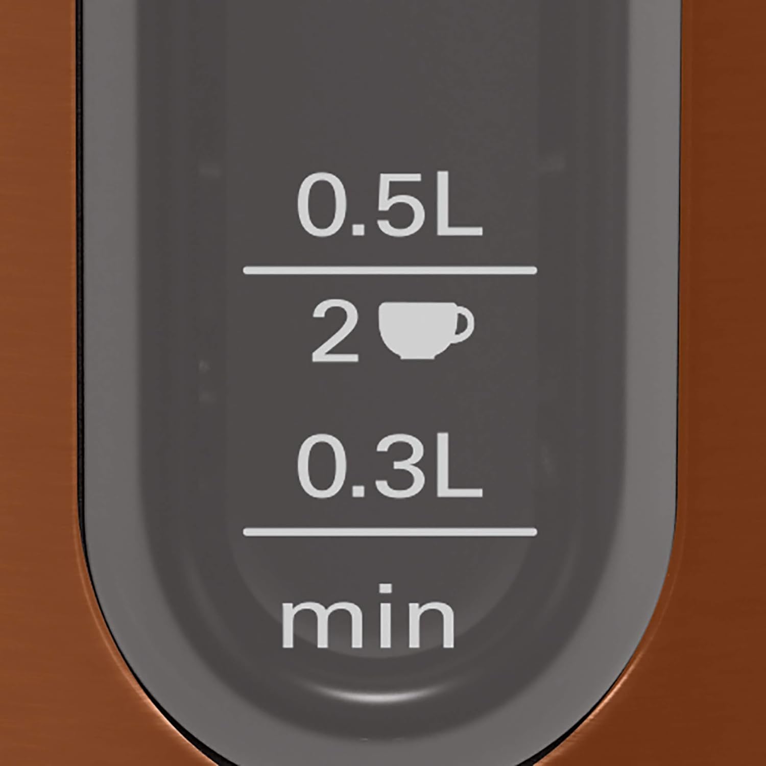 Close-up of the cup indicator on the kettle, showing 0.3L, 0.5L (2 cups), 1.0L (4 cups), 1.5L (6 cups), and 1.7L (max)
