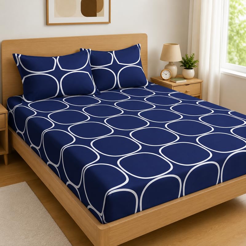 Image of Premium Cotton Fitted Bedsheet King Size 78 x 72 x 8 Inches with 2 Pillow Covers | 220 TC | All-Around Elastic Deep Pocket Bed Cover | Navy Blue White Geometric