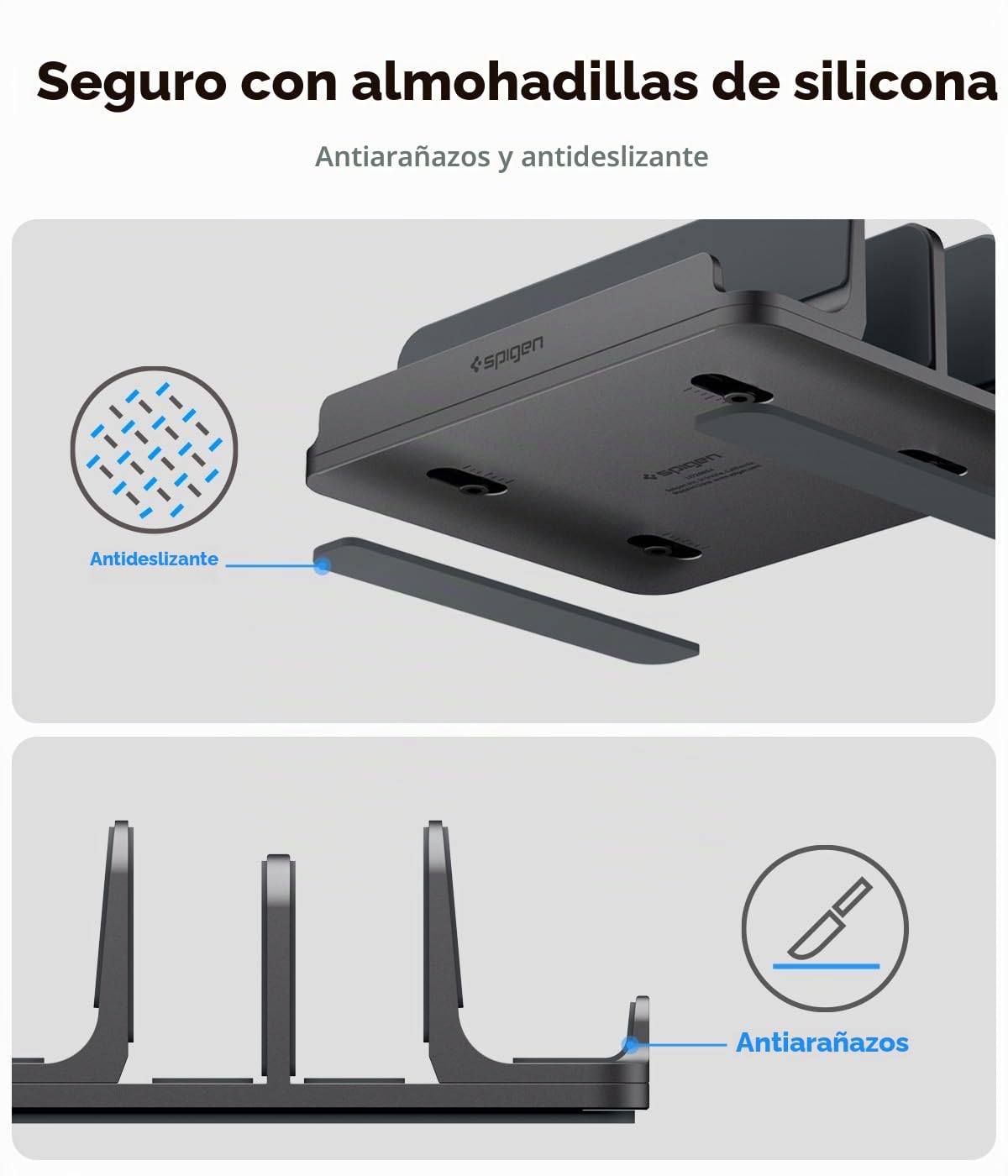 Spigen Soporte Vertical [hasta 4 Dispositivos] Organizador de Escritorio para Portátil, Tablet y Moviles, Compatible con MacBook Pro Air Mini Neo, iPad Pro Air, iPhone 17 16 15, Galaxy, Pixel