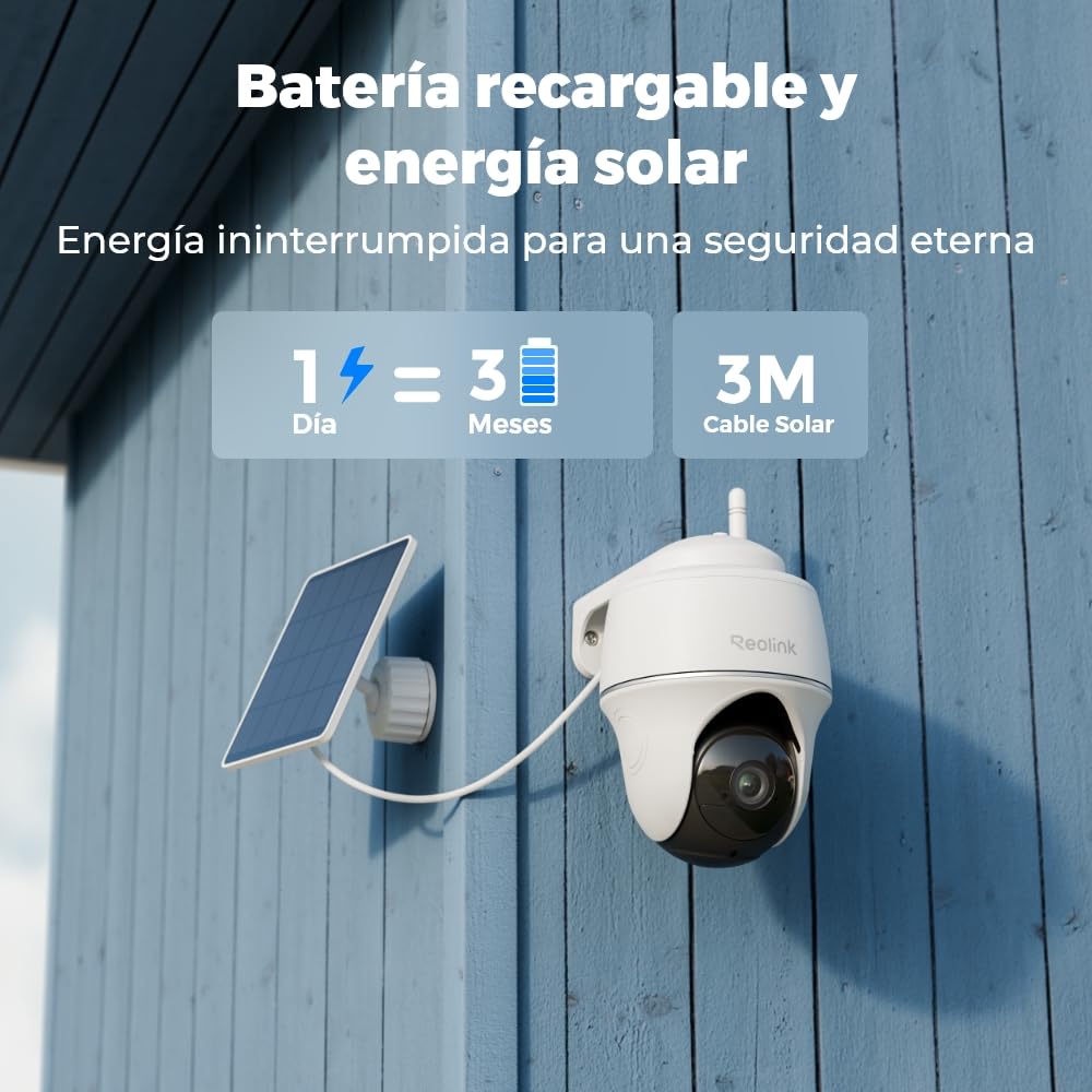 Reolink 3MP 360° PTZ Camara Vigilancia WiFi Exterior, Detección Inteligente | Audio bidireccional, 355° Pan & 140° Tilt, Persona/Vehículo, Sirena, Wi-Fi 2.4GHz, Panel Solar Incluido