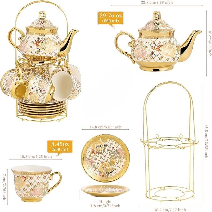 Image of DEEDECORWAVE Premium Ceramic Tea Set of 13 PCS Teapot (800ML) with 6 Cups (180ML Each), 6 Saucers & Holder Stand Elegant Gift for Tea Lovers Ideal for Home, Office & Parties (Check White)