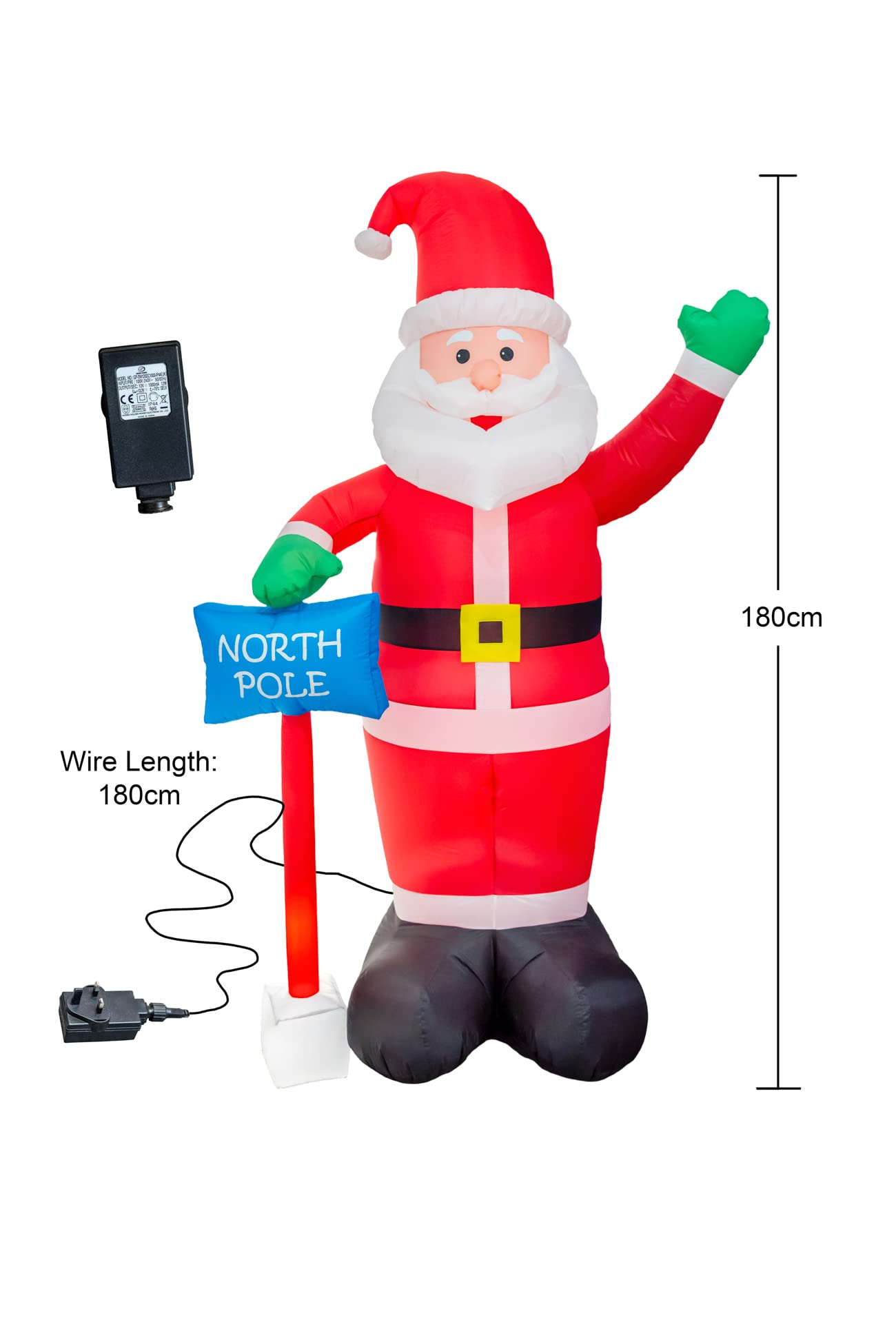 6ft Inflatable Hand Waving Santa Clause with North Pole Sign Board Pre Lit Mains Powered White LED Lights Christmas Props Outdoor Garden Decoration - Image 3