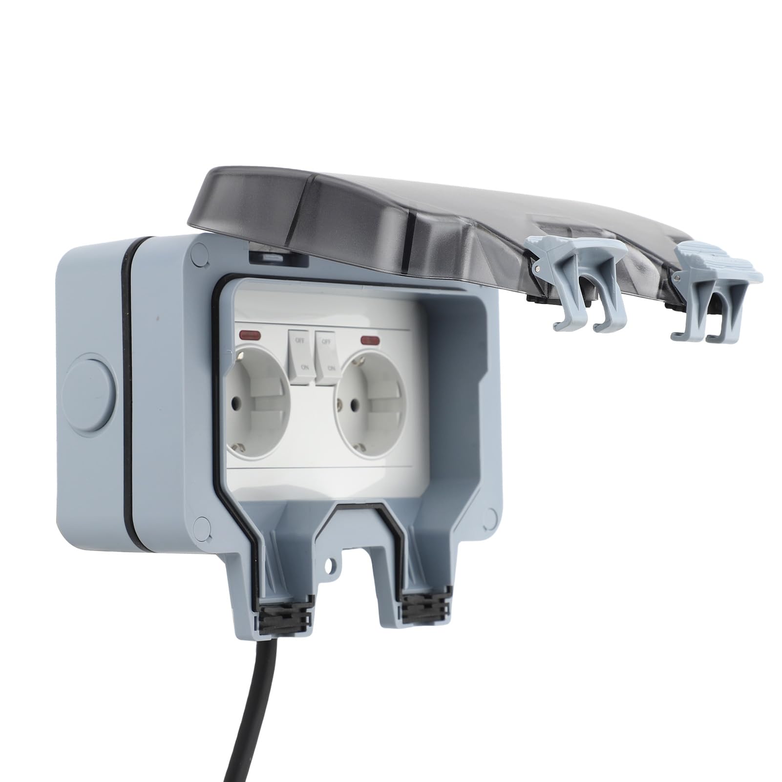 Aramox Toma de Corriente para Exteriores, Enchufe de Pared Resistente a la Intemperie, IP66, a Prueba de Lluvia, Caja de Tomacorriente Exterior de 2 Bandas con Interruptor Independiente y (5 metros)