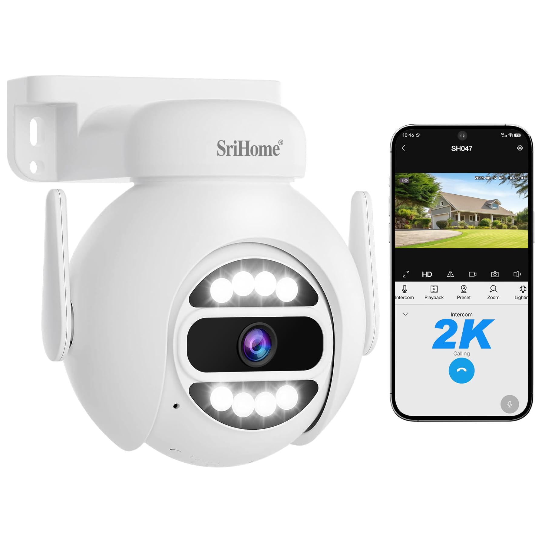 SRIHOME 4MP Rete WiFi a Doppia Banda, Fotocamera di Sorveglianza PTZ, Inseguimento Movimento, Visione Notturna, IP66 Impermeabile, Audio 2-Way, Tutela Della vita Privata, Uso Interno/Esterno