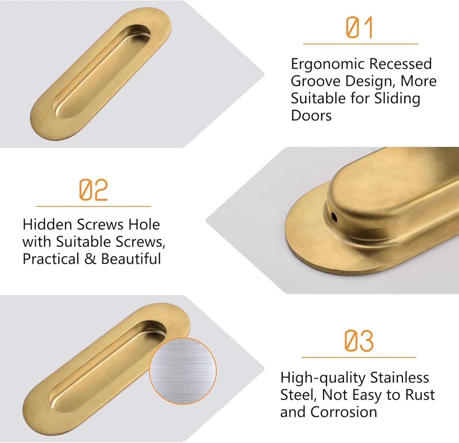 MOROBOR 4 Pack Stainless Steel Side Hole Flush Pull, Oval Embedded Sliding Door Handle Recessed Finger Pulls with Hidden Screws for Drawer Cupboard Wardrobe/Brushed Gold