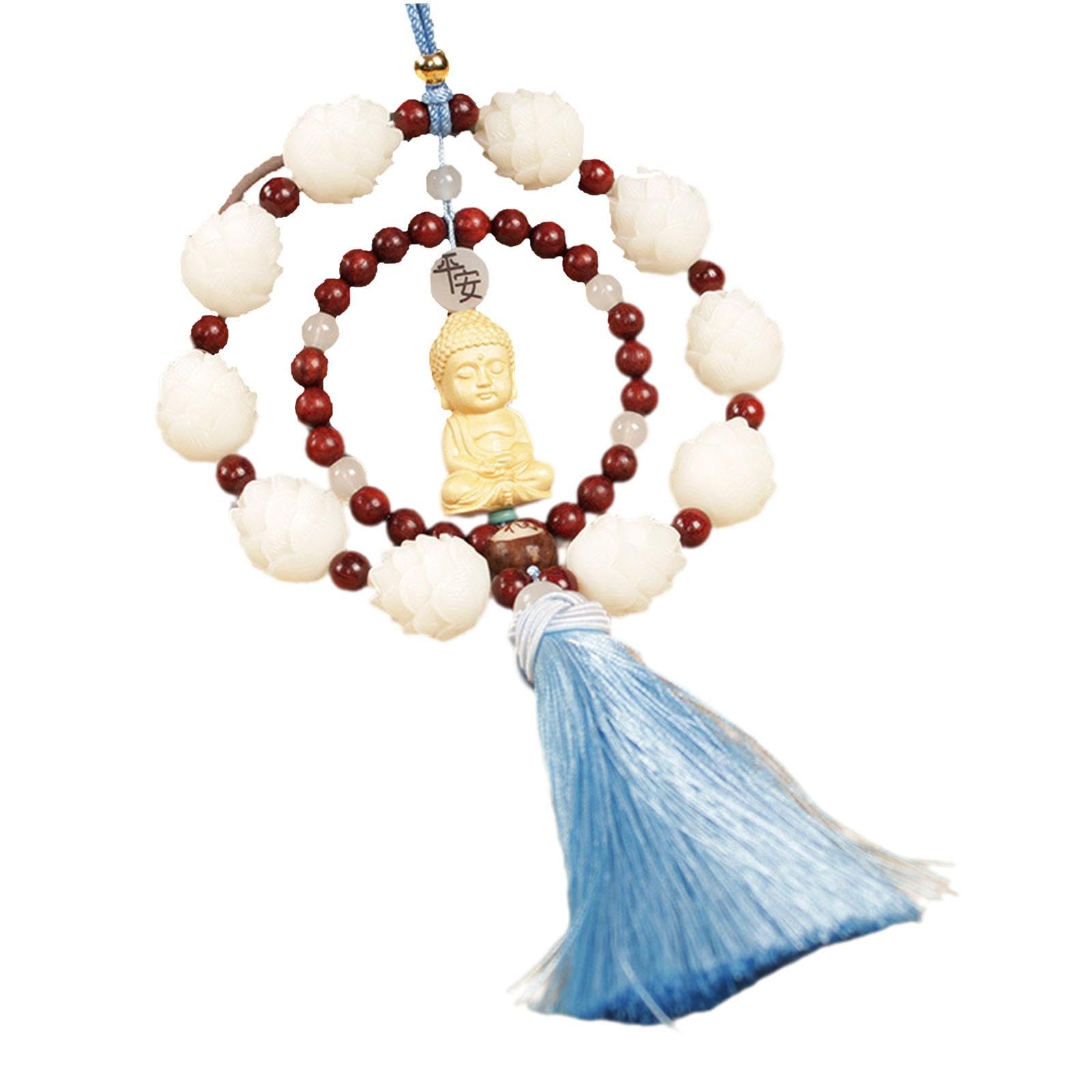 Dickly Pendrive Rétroviseur Bouddha Bois - Décoration Voiture Feng Shui Avec Pompon Rouge