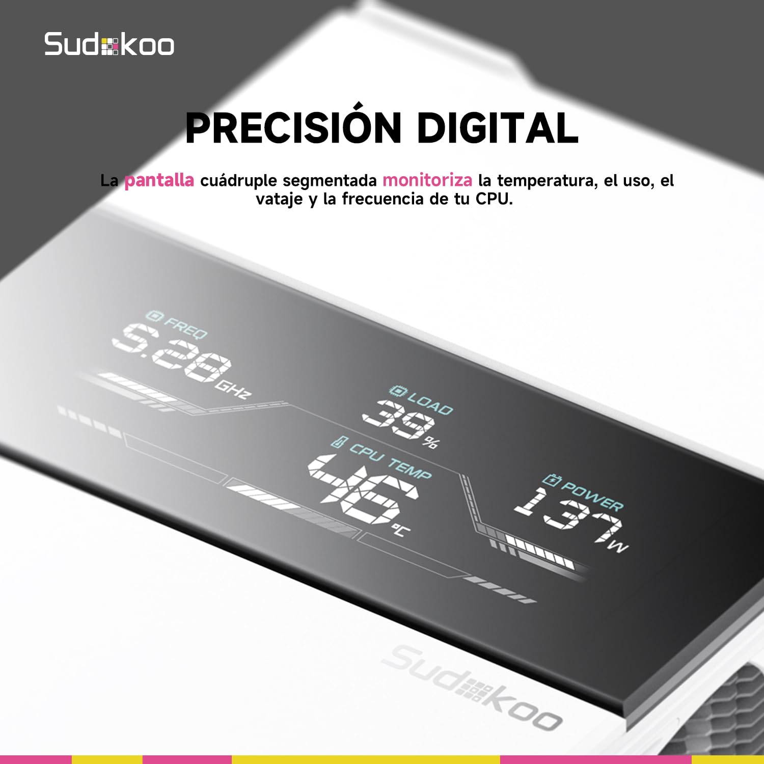 Sudokoo SK700V Blanco Disipador CPU AM5 : CPU Cooler con Pantalla Digital Exclusivo para AM5 - Ventilador CPU 120mm con 7 HeatPipes y Libertad RAM Total, 5 Años de Garantía, Blanco